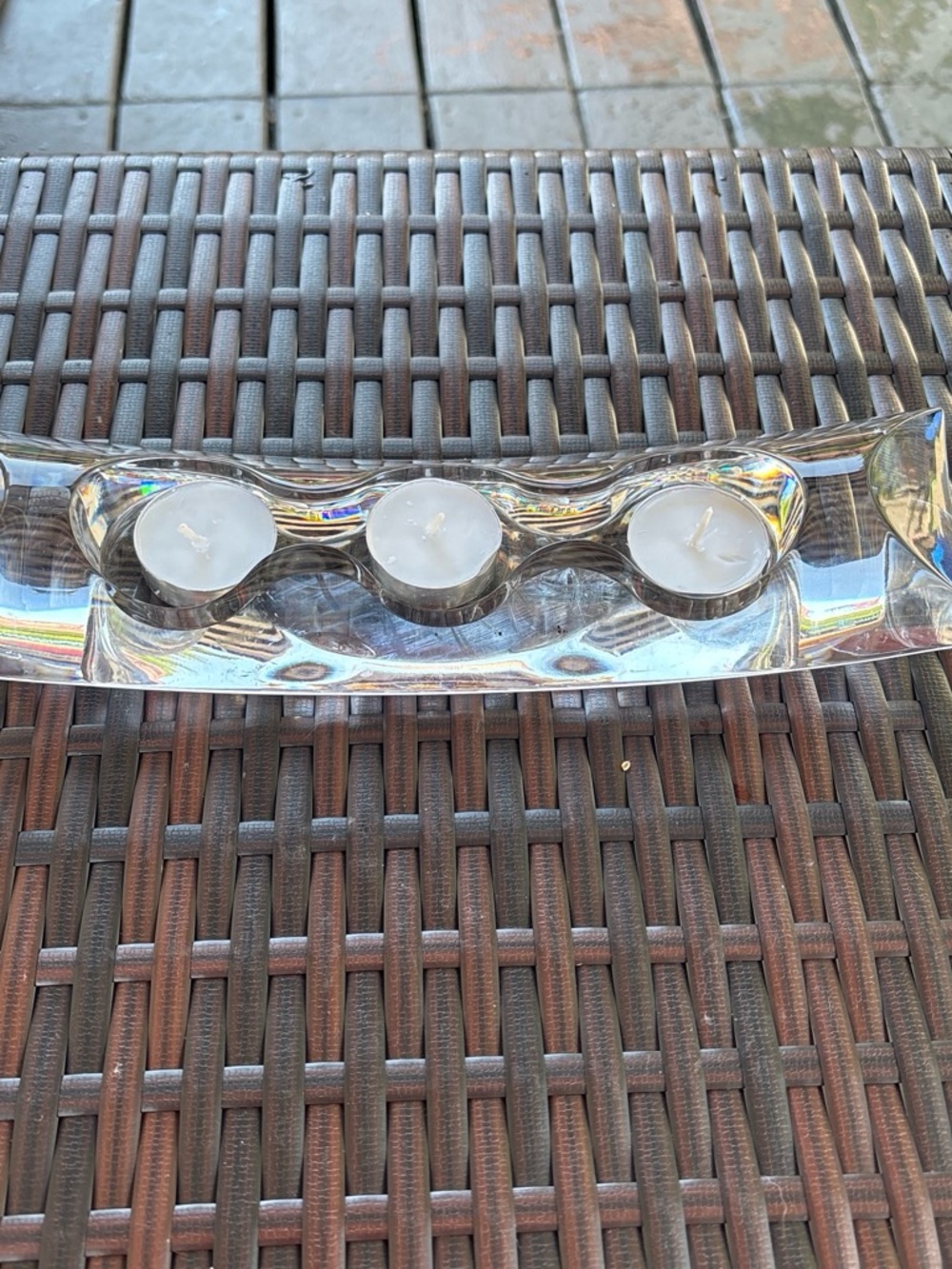 Nambe Clear Glass Triple Tea-Light Centerpiece with White Candles